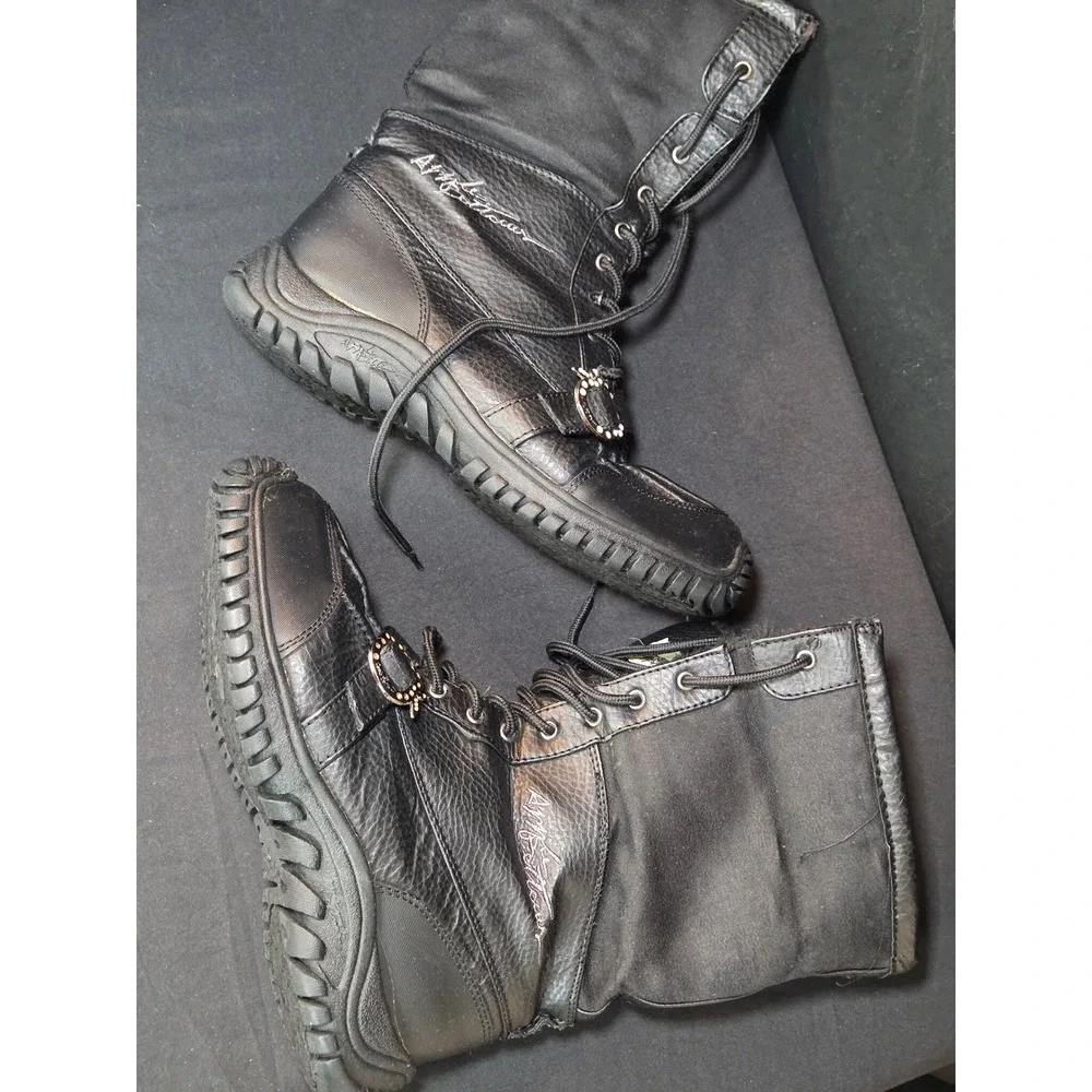 Apple Bottoms Womens Black Leather Faux Fur Lined Winter Boot Rhinestone Size 11